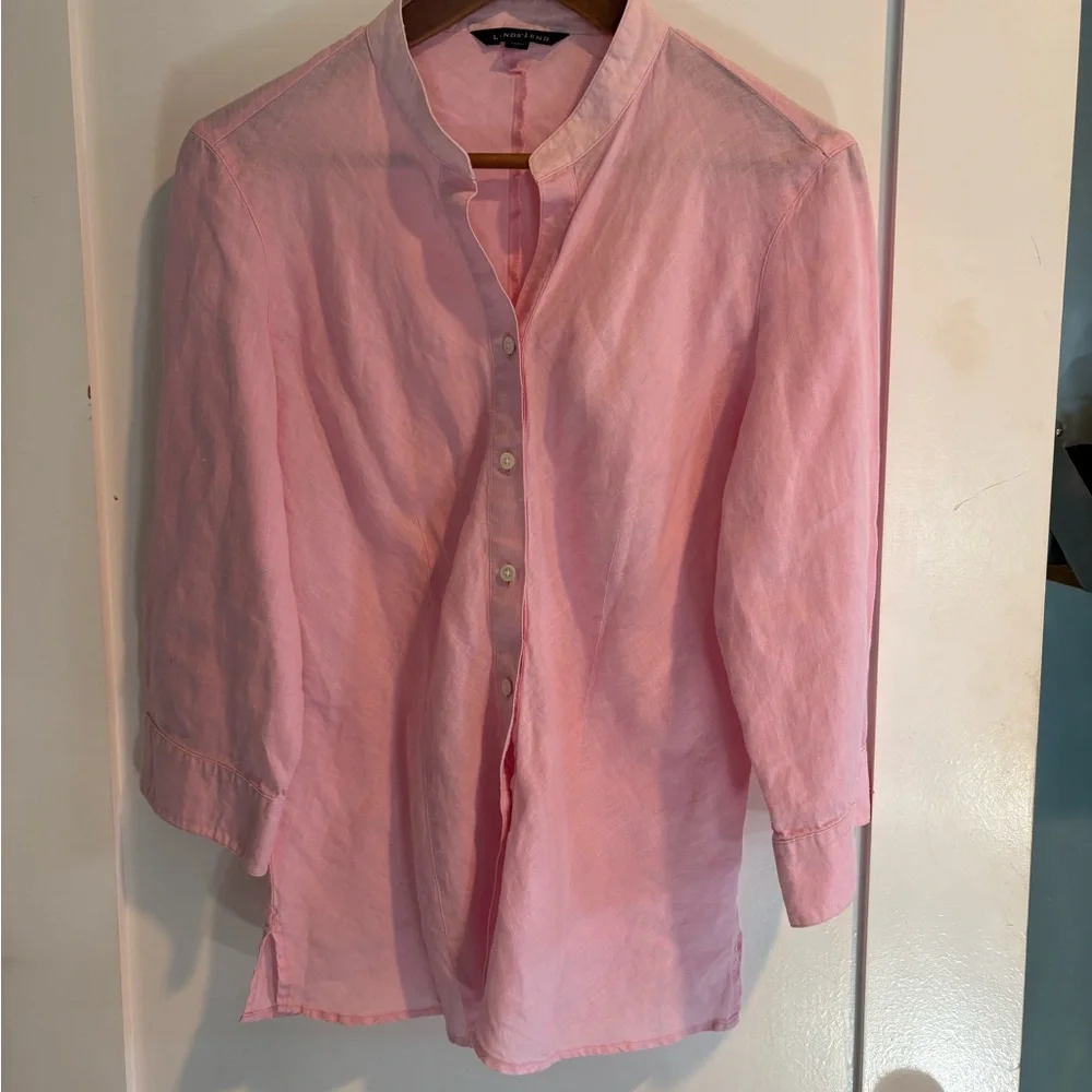 Lands’ End Women’s Pink Linen Button-Up Blouse Mandarin Collar Size 12 - Picture 8 of 9